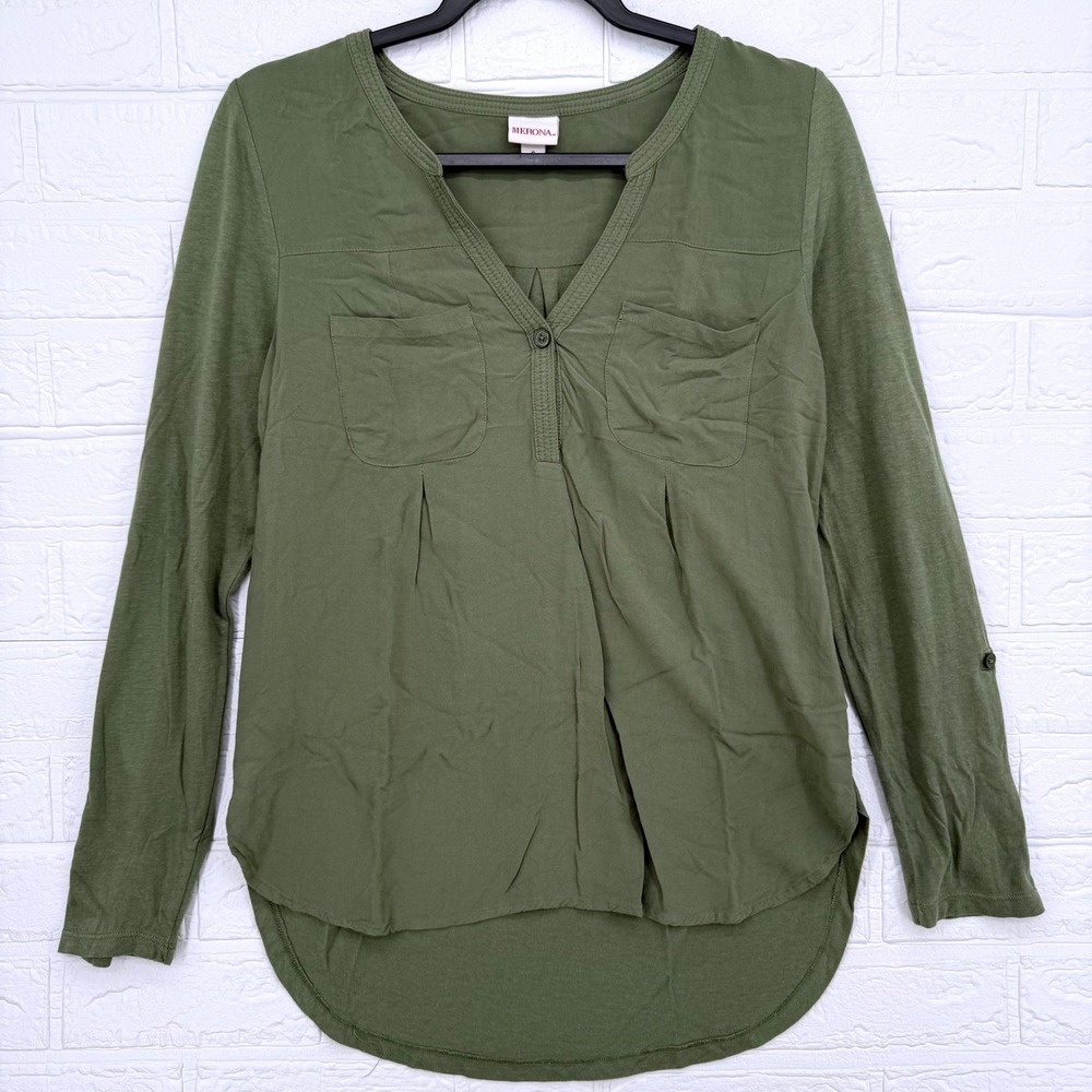 Merona Henley Utility Top Women S Olive Green Long Sleeve Casual Pocket Blouse